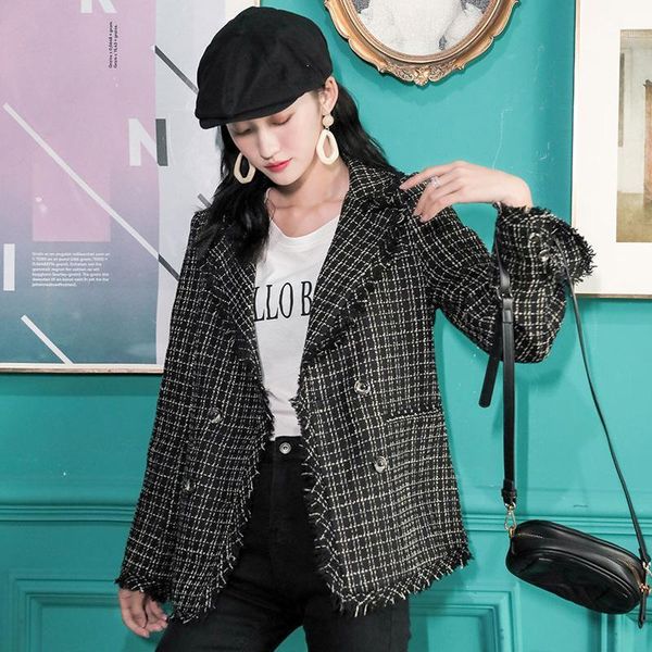 

blazer feminino elegant tassels plaid small suit woolen jacket womens autumn and winter short woolen coat1, White;black