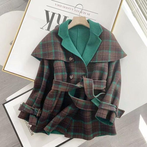 

q9219 - han edition dress wholesale double-breasted belt of new fund of 2021 autumn winters grid cloth coat coat female, Black