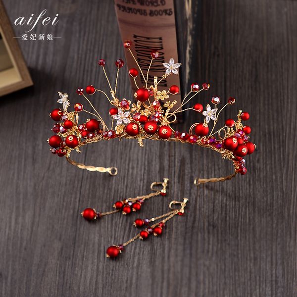 

bridal headdress red korean super immortal atmosphere crown earring set toast wedding dress accessories, Silver