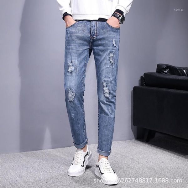 

128-1215 men's jeans new autumn/winter ripped jeans south korean version of the trend slim small feet men's beggar pants1, Blue
