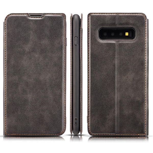 

retro simple ultra-thin magnetic horizontal flip leather case for galaxy s10 plus with holder card slots lanyard