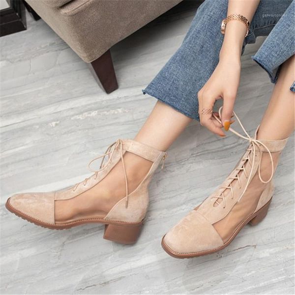 

boots pxelena chunky med heels gladiator sandals women 2021 spring summer ankle air mesh patchwork lace up zip shoes black 34-431