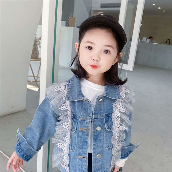 

korean clothing 2021 spring new children's jeans girls' foreign sle coat baby lace et vigm, Black