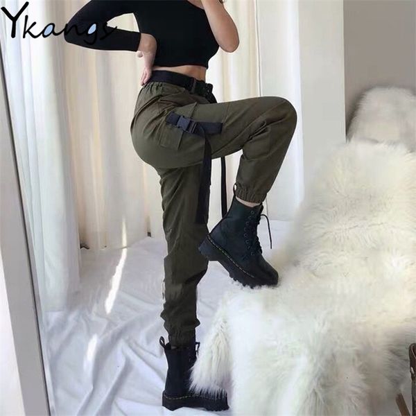 Armygreen Cargo Hosen mit Gürtel Frauen Capri Casual Hohe Taille Hose Damen Schwarz Harajuku Hip Hop Joggers Schule Streetwear LJ201103