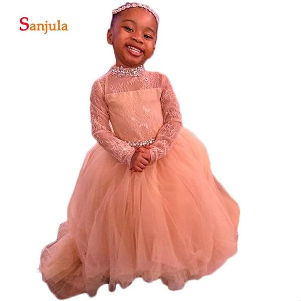 

шампанское тюль бальное платье цветка девушки платья sheer кружева с длинным рукавом для детей свадеб платья бисером pageant платье d1093, Red;yellow