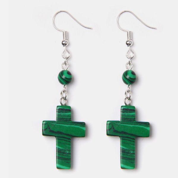 

10 pairs classic style silver plated cross shape green aventurine dangle earrings for women malachite stone jewelry
