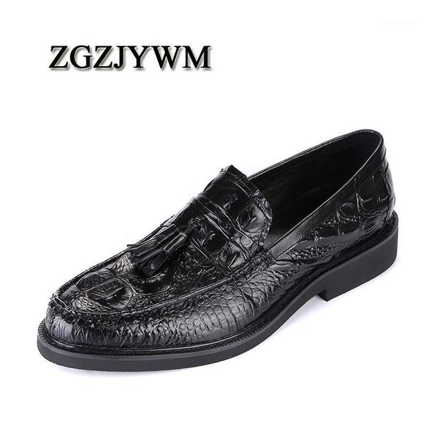 

dress shoes zgzjywm fashion spring/autumn crocodile pattern slip-on pointed toe formal genuine leather flat man with tassel1, Black