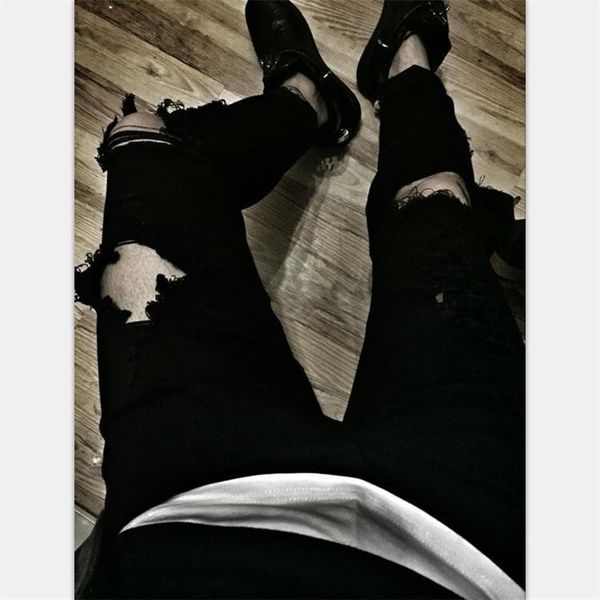 

slim fit jeans fog fashion man knee with holes skinny pants elasticity pencil large size autumn winter1, Blue