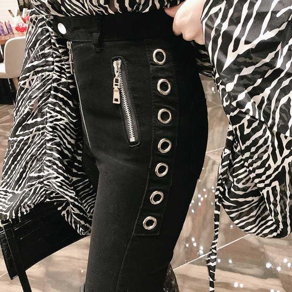 

ewq] 2020 spring new high waist slim denim trousers design metal ring tight waist black fashion trend ladies pants qx097011, Blue
