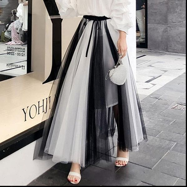 

2021 new summer vintage skirt womens elastic high waist tulle skirts long beach mesh skirt female spring women skirts, Black