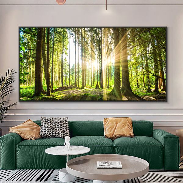 Dipinti su tela moderni Albero verde naturale Foresta Paesaggio del sole Poster e stampe Immagine di arte della parete per l'arredamento del soggiorno