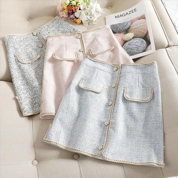 

mini tweed skirt winter 2020 high waist plaid skirts short front buttons new arrivals saia feminina jupe femme spodnica, Black