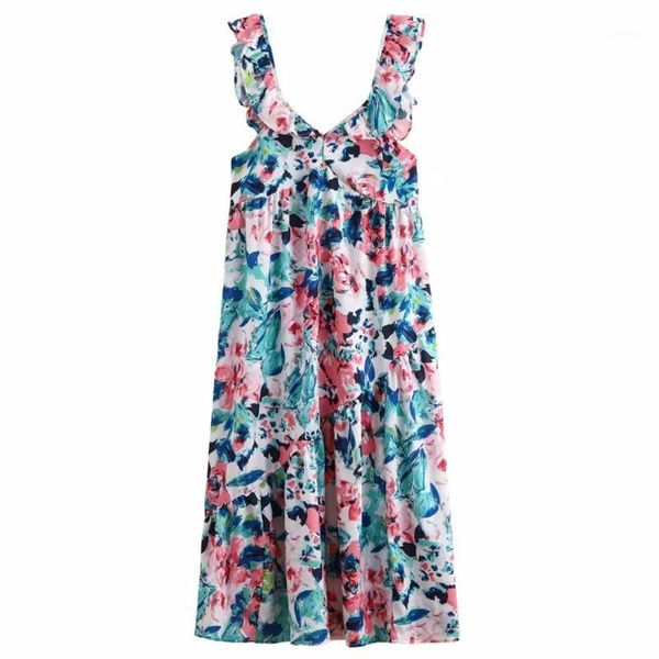 

new 2020 women v neck sleeveless flower printing ruffles casual midi dress female side zipper vestidos chic beach dresses ds35721, Black;gray