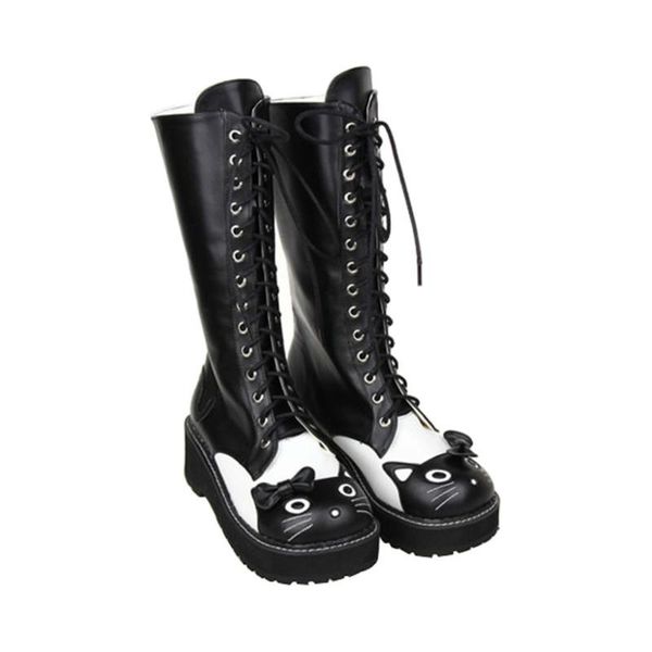 

womens knee thigh high boots round cat toe lace up genuine leather chunky heel riding lolita cosplay shoes black plus size