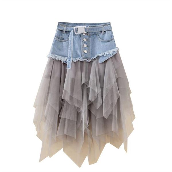 

summer irregular jeans skirts womens high waist tulle skirt long denim pleated midi skirts mesh patchwork pockets tassel belt, Black