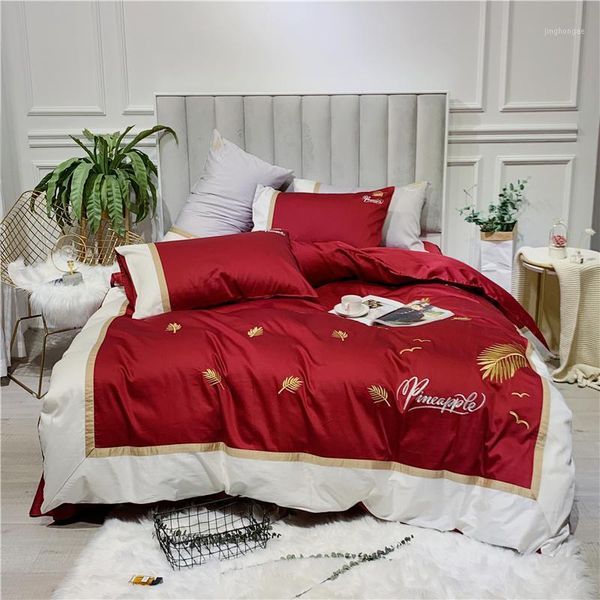 

luxury egypt cotton golden leaf bedding set embroidery duvet cover sets bed sheet pillowcases  king size 4pcs bedlinen1