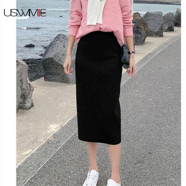 

skirts womens casual streetwear solid color fashion brief high waist long section comfort warm knitted skirt, Black