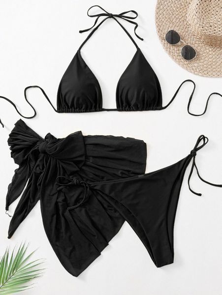 

3pack plus triangle bikini swimsuit & beach skirt w403#, Black