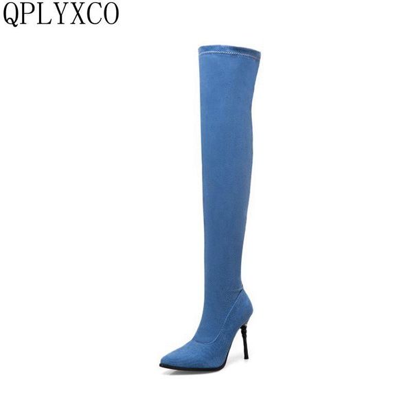

boots qplyxco stretch denim women thigh high stilettos over the knee pointy toe heel long shoes woman t613, Black