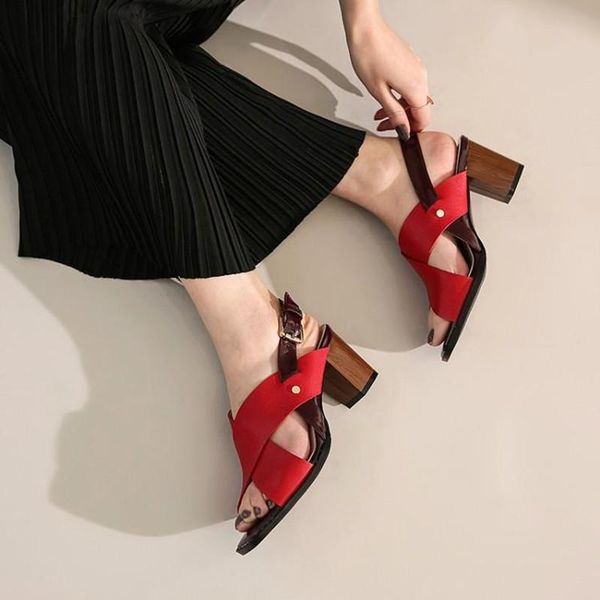 

mixed colors genuine leather women casual sandals wood color square heel buckle straps woman sandals runway summer female shoes, Black