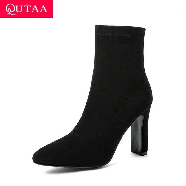 

boots qutaa 2021 ankle autumn winter square high heel slip on women shoes pointed toe flock pu leather short size 34-431, Black