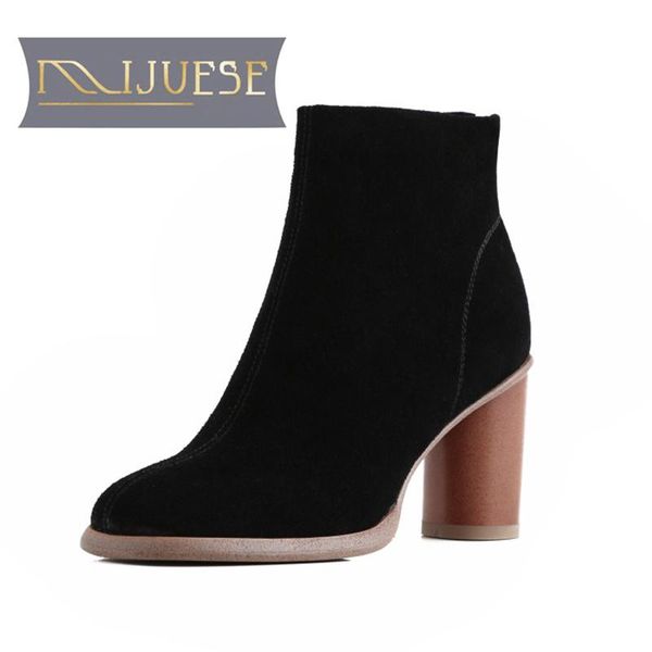 

mljuese 2021 women soft ankle boots cow suede zippers boots winter short plush round toe high heels women, Black