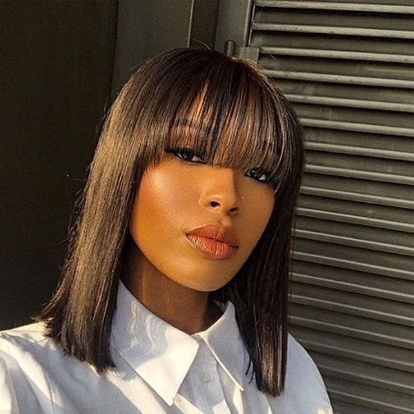 Curto Bob Brazilian Human Human Wig com franja Fringe Máquina completa tornada sem gleless para mulheres negras retas virgens