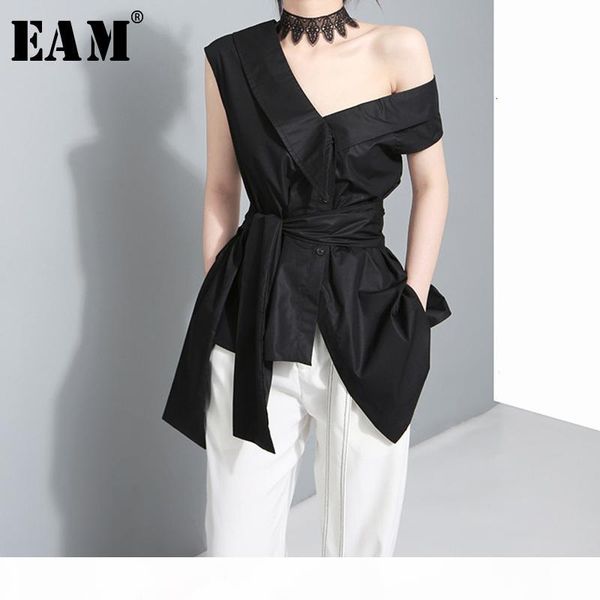

eam] women bandage bow asymmetrical blouse new skew collar short sleeve loose fit shirt fashion tide spring autumn 2020 j4950 mx200407, White