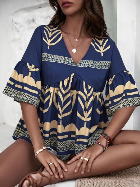 

geo & floral print trumpet sleeve peplum hem blouse p3h1#, White