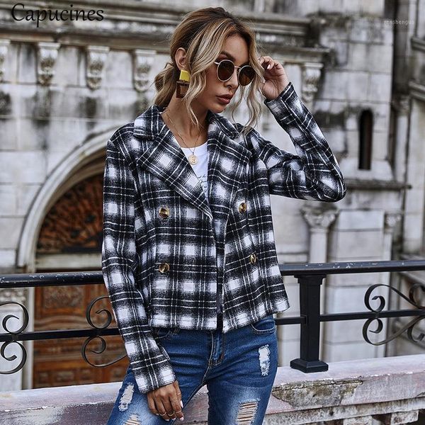 

capucines double button plaid coat women autumn winter long sleeve lapel collar causal tweed jackets vintage short 1, Black;brown
