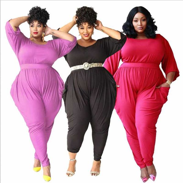 

women's jumpsuits & rompers fashion solid plus size women half sleeve scoop neck female skinny waist pockets pencil pants real pictures, Black;white