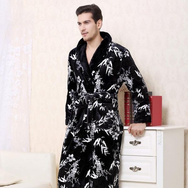 

men winter flannel long robe sleepwear nightwear knitted coral fleece bath robes thick warm nightgowns1, Black;brown