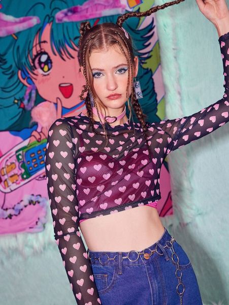 

romwe heart print crop mesh t8qx#, White