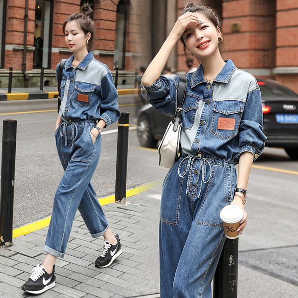 

street trendsetter 2020 autumn new fashion old lace-up age-reducing stitching contrast color denim casual jumpsuit nightclub party 209, Black;white
