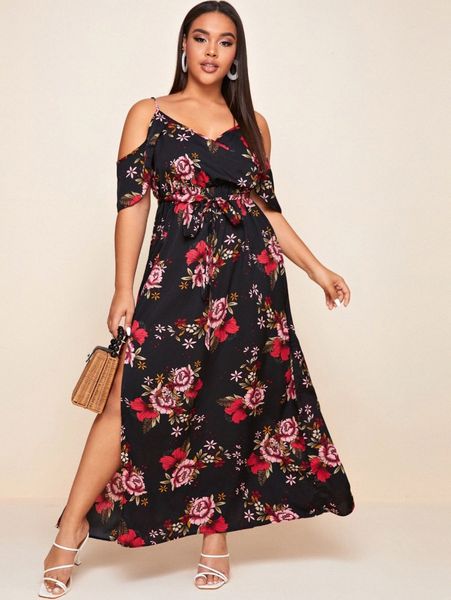 

plus cold shoulder high split hem floral dress d6tg#, Black