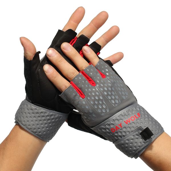 Day Wolf Guanti mezze dita sportivi guanti fitness per sollevamento pesi braccialetti guanti sportivi lunghi da esterno Q0107
