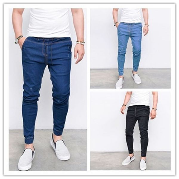 

men's jeans fashion pencil ny mid-rise drawstring trousers light weight denim pants, Black
