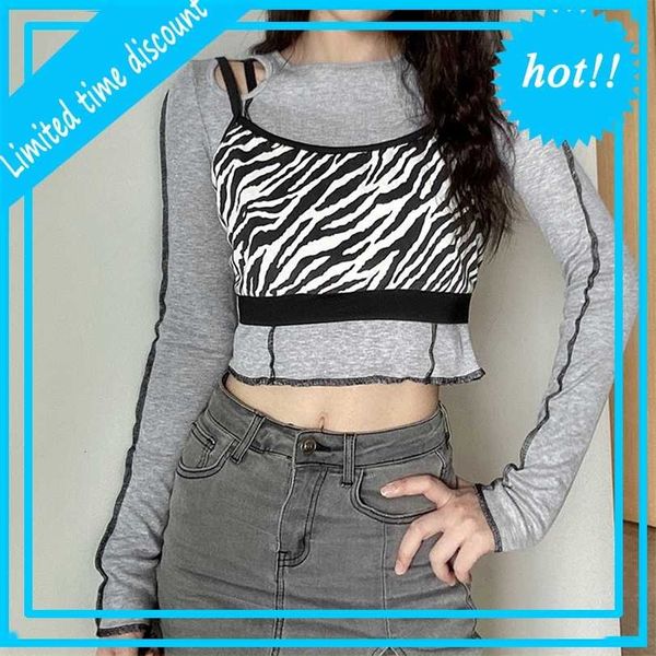 

wind 2021 autumn and winter new women's fit fashion print off shoulder stitching fake two-piece t-shirt, White