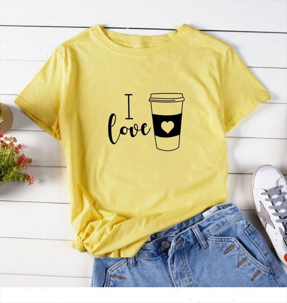 

6 colors i love coffee letter print t shirt women short sleeve o neck loose tshirt 2021 summer women tee shirt, White