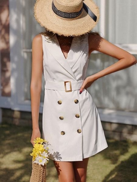 

double breasted belted vest blazer dress n9qu#, White;black