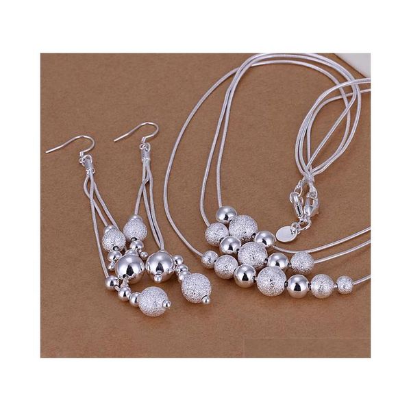 

s122 fashion party jewelry set 925 silver three lines beads necklace & earrings shipping wedding gift for woman bauvf