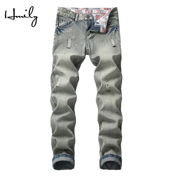

hmily stretch hole small feet jeans men cotton jean men's pants vintage hole cool trousers guys summer trousers male, Blue