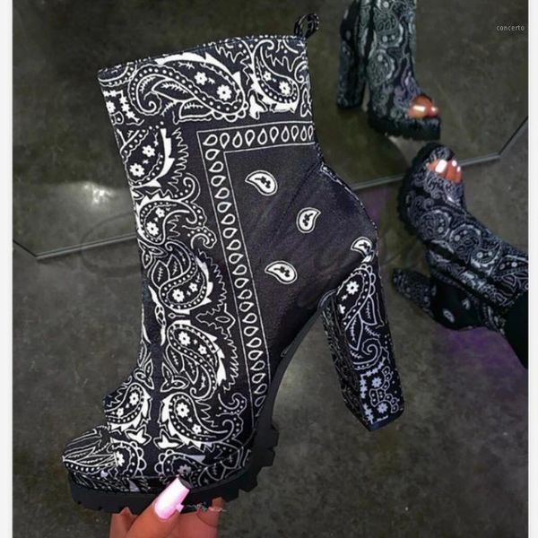 

new fashion 2020 winter women totem printing casual boots women ankle boots zipper square heel fish mouth botas mujer1, Black