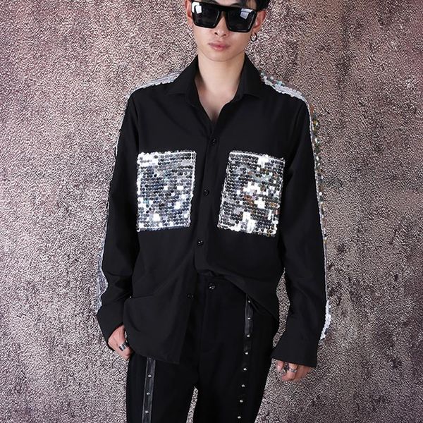 

men's casual shirts male hip hop streetwear punk gothic men long sleeve sequins splice loose black shirt singer stage show costumes, White;black