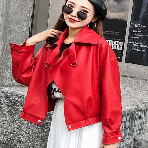 

ring button solid bright red black faux pu leather jacket autumn women plus size crop windbreaker thin short coat motorcycle, Black;brown