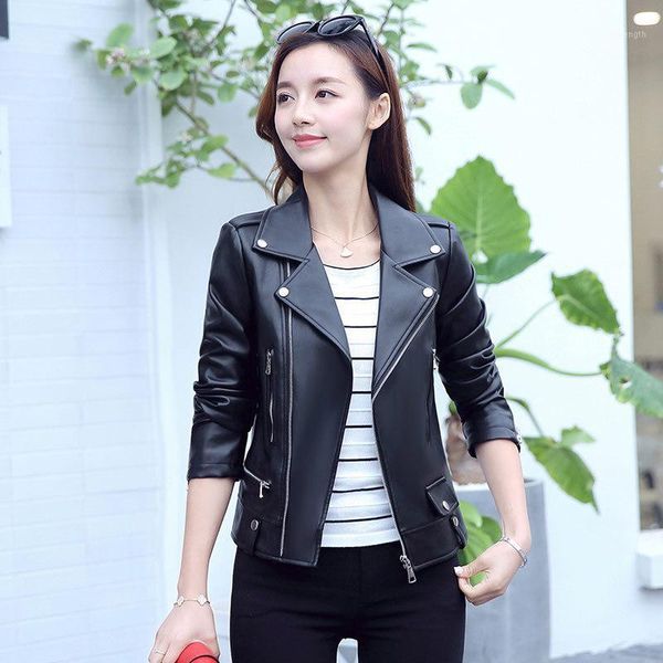

2019 spring and autumn slim korean short leather women's slim pu leather jacket black jacket1