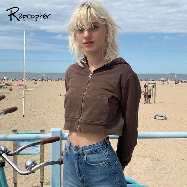 

rapcopter brown harajuku jackets y2k long sleeve crop zipper hoodies pockets thin coat women preppy style outfits sporty 90s1, Black;brown