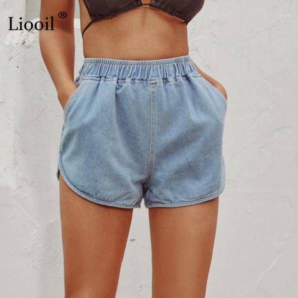 

women's shorts liooil cotton denim for women 2021 summer mid waist elastic with pockets womens blue slim jean straight shorts1, White;black