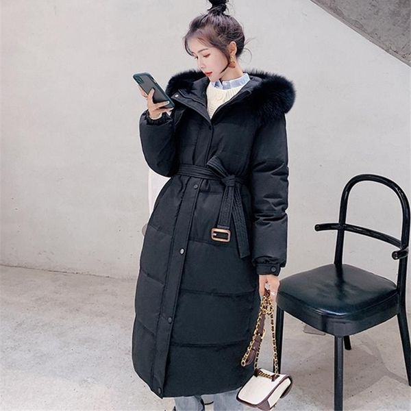 

women's down & parkas fmfssom 2021 autumn winter fashion solid hooded long jacket women large fur collar warm thickness padded outwear, Black
