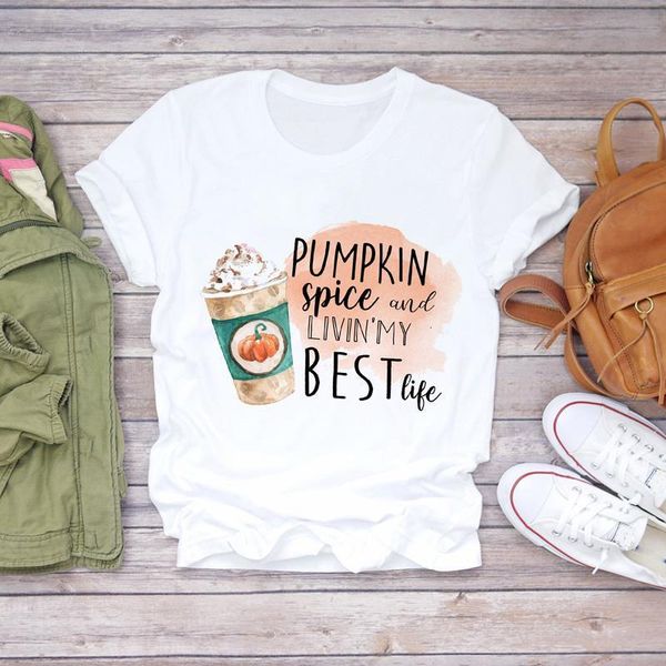 

women 90s cartoon coffee short sleeve halloween fall autumn print ladies womens t-shirts t shirt graphic female tee t-shirt, White